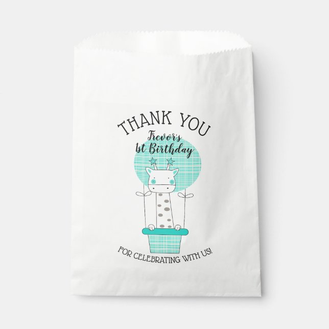 Giraffe in Blue Yellow Hot Air Balloon Thank You Favour Bags (Front)