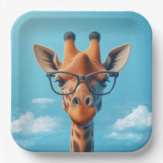 Giraffe In Clouds Wearing Eyeglasses Paper Plate (Front)