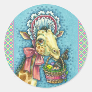 GIRAFFE IN CUTE SPRING EASTER BONNET, EGG BASKET CLASSIC ROUND STICKER