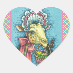 GIRAFFE IN CUTE SPRING EASTER BONNET, EGG BASKET HEART STICKER