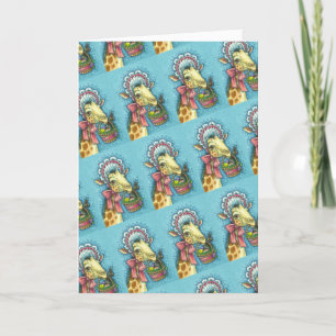 GIRAFFE IN CUTE SPRING EASTER BONNET, EGG BASKET HOLIDAY CARD