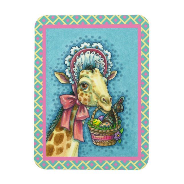 GIRAFFE IN CUTE SPRING EASTER BONNET, EGG BASKET MAGNET (Vertical)