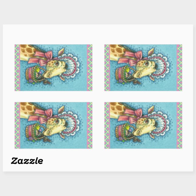GIRAFFE IN CUTE SPRING EASTER BONNET, EGG BASKET RECTANGULAR STICKER (Sheet)