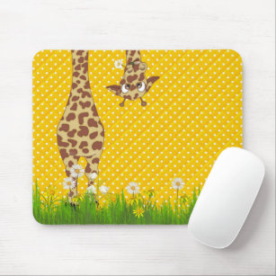 Giraffe in Grass on Polka Dots Mousepad