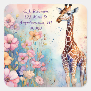 Giraffe In Pastel Garden Address Square Sticker