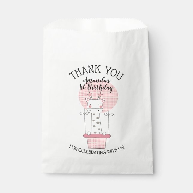Giraffe in Pink Yellow Hot Air Balloon Thank You Favour Bags (Front)