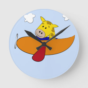 Giraffe in Plane Kids Round Clock