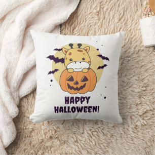 Giraffe In Pumpkin Cute Giraffes Happy Halloween Cushion