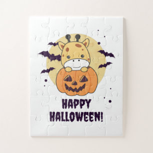 Giraffe In Pumpkin Cute Giraffes Happy Halloween Jigsaw Puzzle