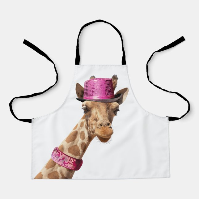 Giraffe in sparkly pink hat apron (Front)