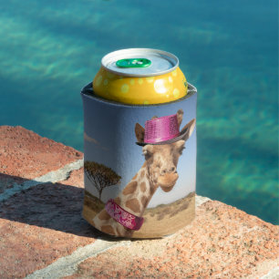 Giraffe in sparkly pink hat can cooler