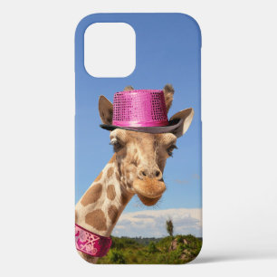 Giraffe in sparkly pink hat iPhone 12 case