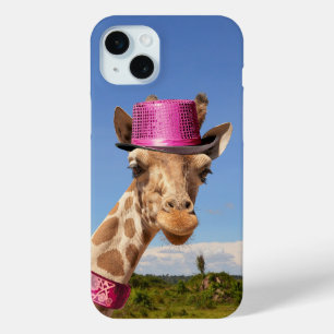 Giraffe in sparkly pink hat iPhone 15 mini case