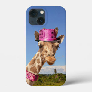 Giraffe in sparkly pink hat iPhone 13 mini case