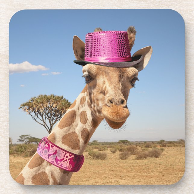 Giraffe in sparkly pink hat coaster (Front)