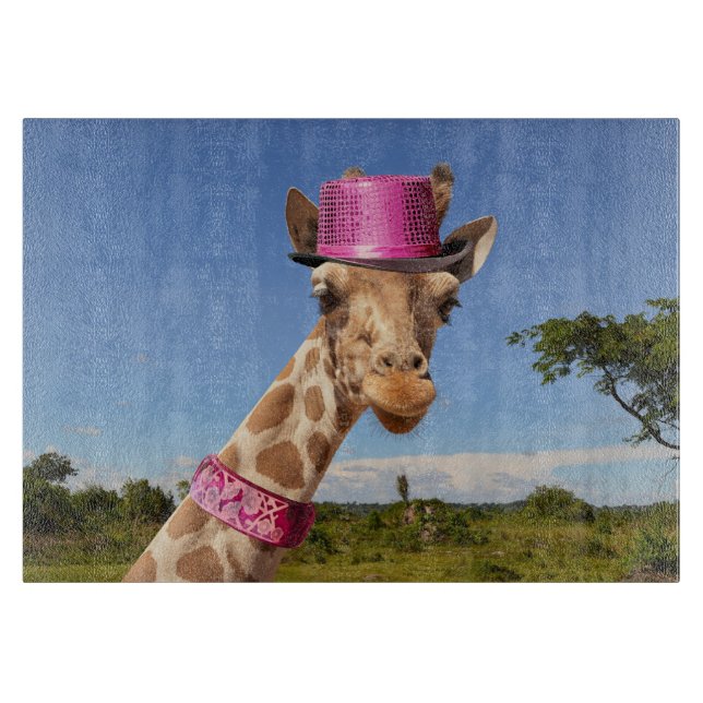 Giraffe in sparkly pink hat cutting board (Front)