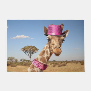 Giraffe in sparkly pink hat doormat
