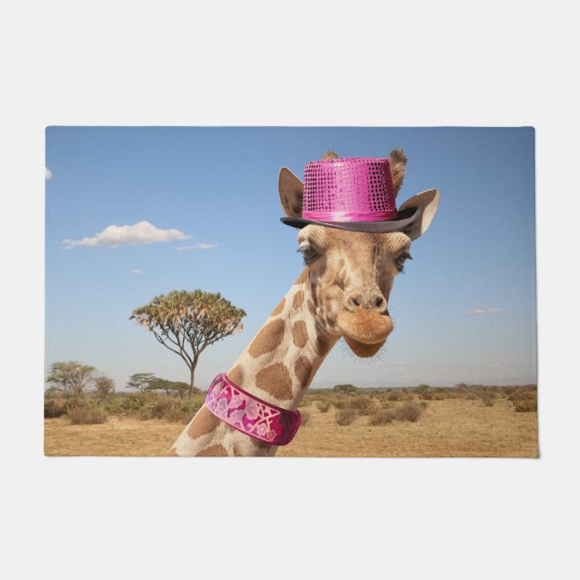 Giraffe in sparkly pink hat doormat (Front)