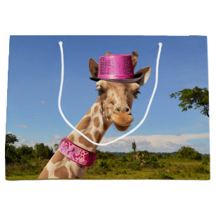 Giraffe in sparkly pink hat large gift bag