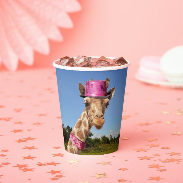 Giraffe in sparkly pink hat paper cups (Insitu)