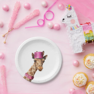 Giraffe in sparkly pink hat paper plate