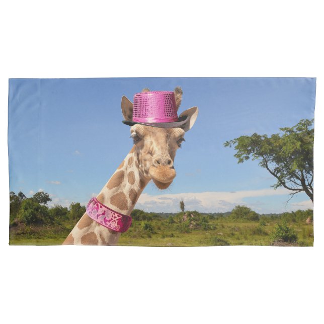 Giraffe in sparkly pink hat pillowcase (Front-Left)