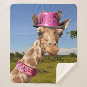 Giraffe in sparkly pink hat sherpa blanket