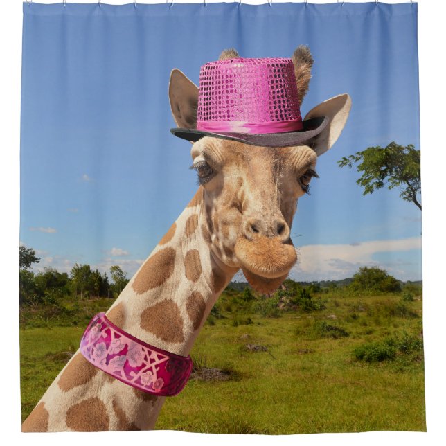Giraffe in sparkly pink hat shower curtain (Front)