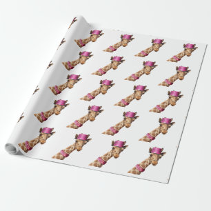 Giraffe in sparkly pink hat wrapping paper