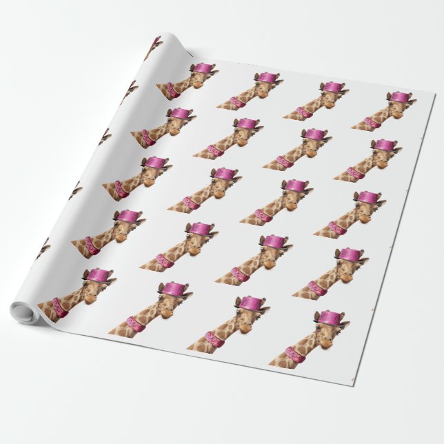 Giraffe in sparkly pink hat wrapping paper (Unrolled)