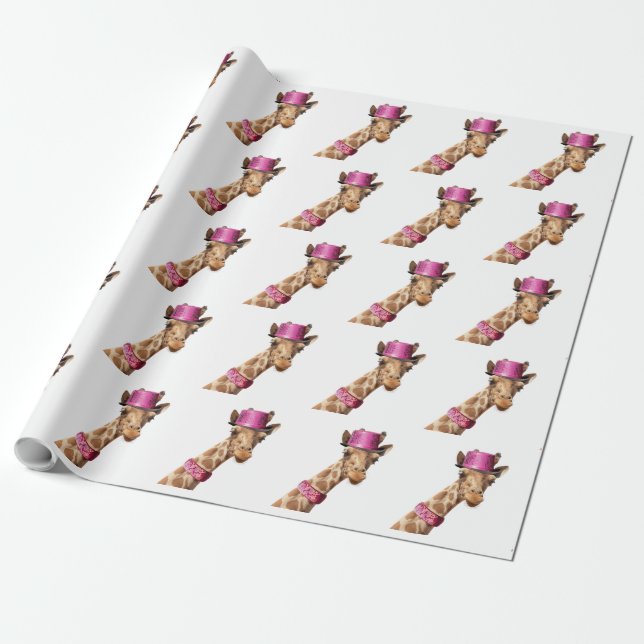 Giraffe in sparkly pink hat wrapping paper (Unrolled)