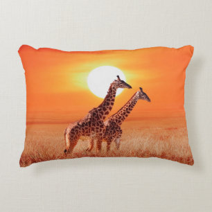 Giraffe in the African savanna against the backdro Decorative Cushion