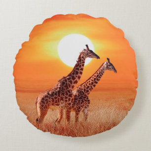 Giraffe in the African savanna against the backdro Round Cushion