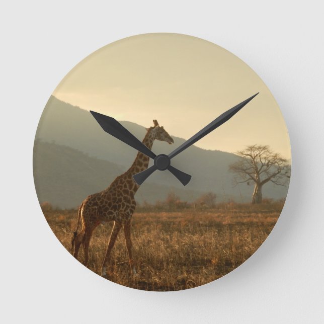 Giraffe in the Savannah Round Clock (Front)