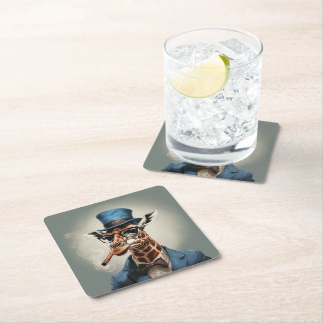 Giraffe in top hat and jacket square paper coaster (Insitu)