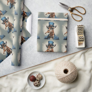 Giraffe in top hat and jacket wrapping paper