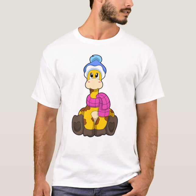 Giraffe in Winter with Scarf & Hat T-Shirt (Front)