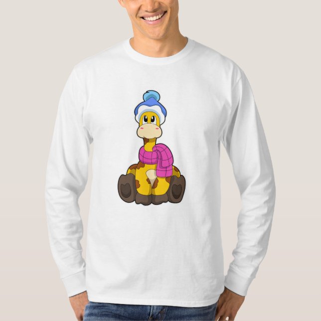 Giraffe in Winter with Scarf & Hat T-Shirt (Front)