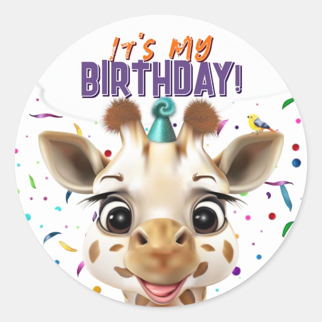 Giraffe It's My Birthday Classic Round Sticker (Front)