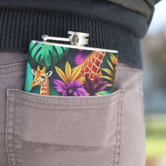 Giraffe Jungle Dreams Seamless Surface Pattern Hip Flask