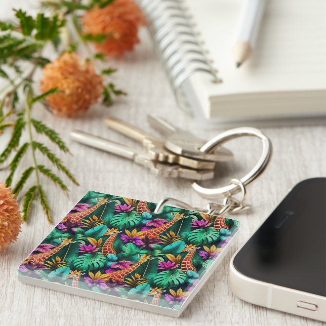Giraffe Jungle Dreams Seamless Surface Pattern Key Ring (Front Right)