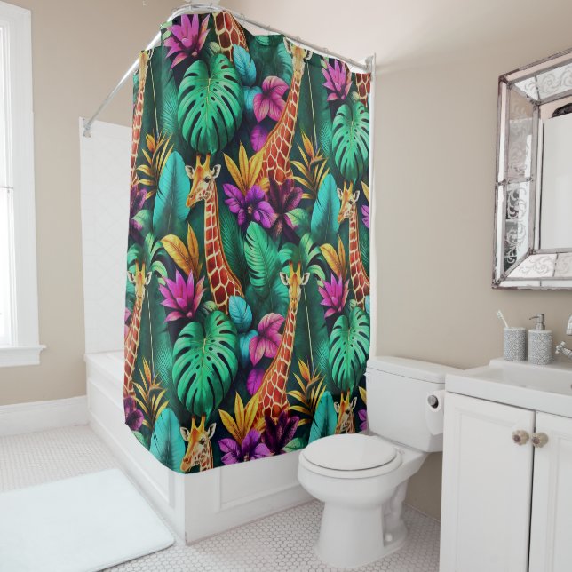 Giraffe Jungle Dreams Seamless Surface Pattern Shower Curtain (In Situ)