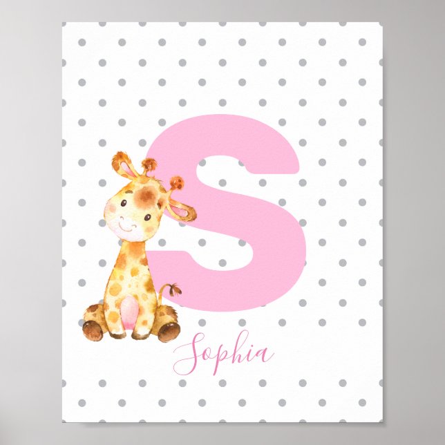 Giraffe Jungle Personalized Name Girl Baby Nursery Poster (Front)