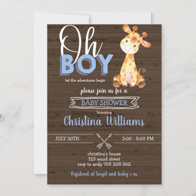 Giraffe Jungle Rustic Baby Boy Wood Baby Shower Invitation (Front)