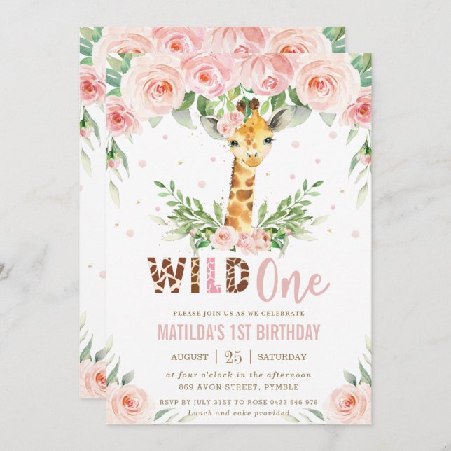 Giraffe Jungle Safari Blush Floral 1st Birthday  Invitation (Front/Back)