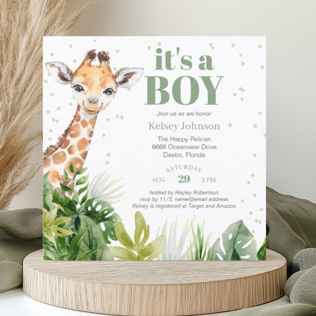 Giraffe Jungle Safari Boy Green Baby Shower Invitation (Creator Uploaded)