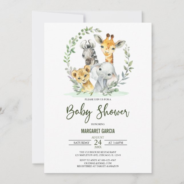 Giraffe Lion Safari Jungle  Animals Baby Shower Invitation (Front)