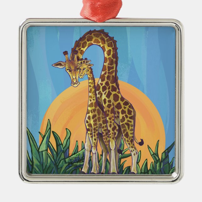Giraffe Mama and Baby Metal Tree Decoration (Front)