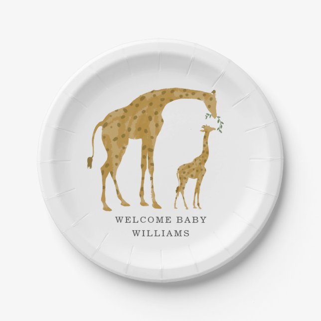 Giraffe Mama and Baby Minimalist Baby Shower Paper Plate (Front)