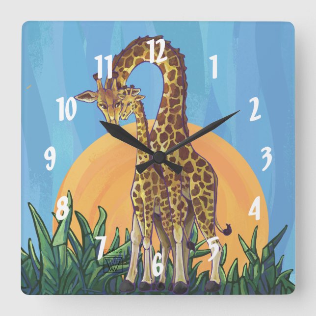 Giraffe Mama and Baby Square Wall Clock (Front)